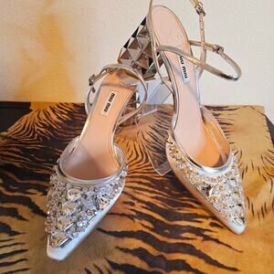 Miu Miu  Swarovski Emb Silver Satin Heel Pump SB NEW